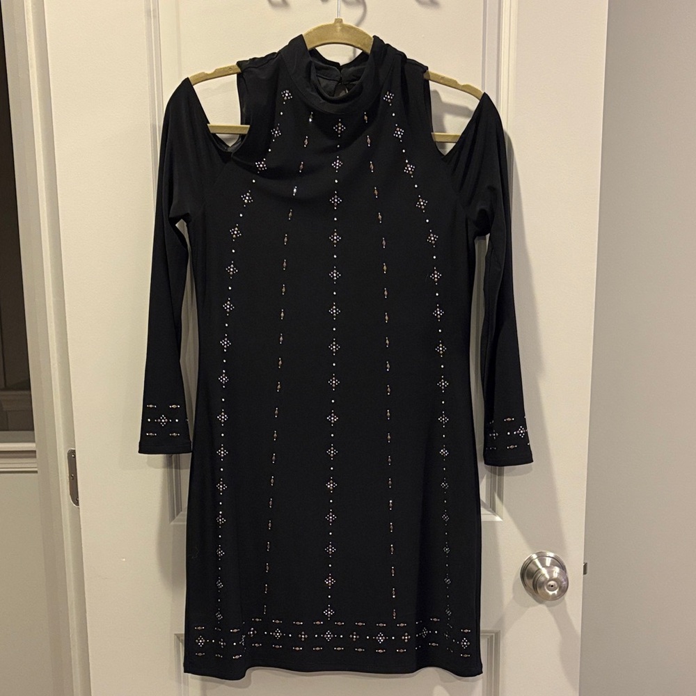 White House Black Market Elegant Black Cold Shoulder Dress Size Small Perite